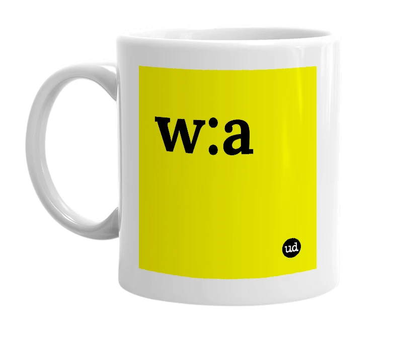 White mug with 'w:a' in bold black letters