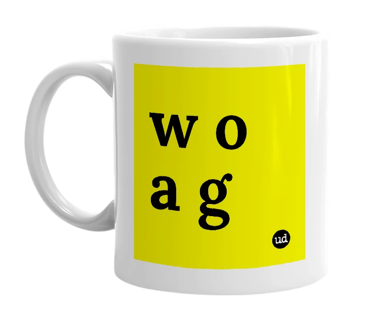 White mug with 'w o a g' in bold black letters