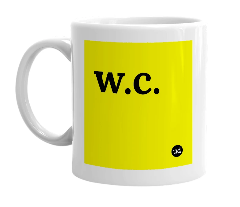 White mug with 'w.c.' in bold black letters