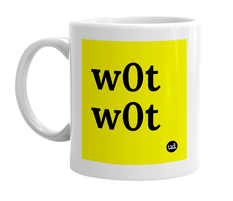 White mug with 'w0t w0t' in bold black letters