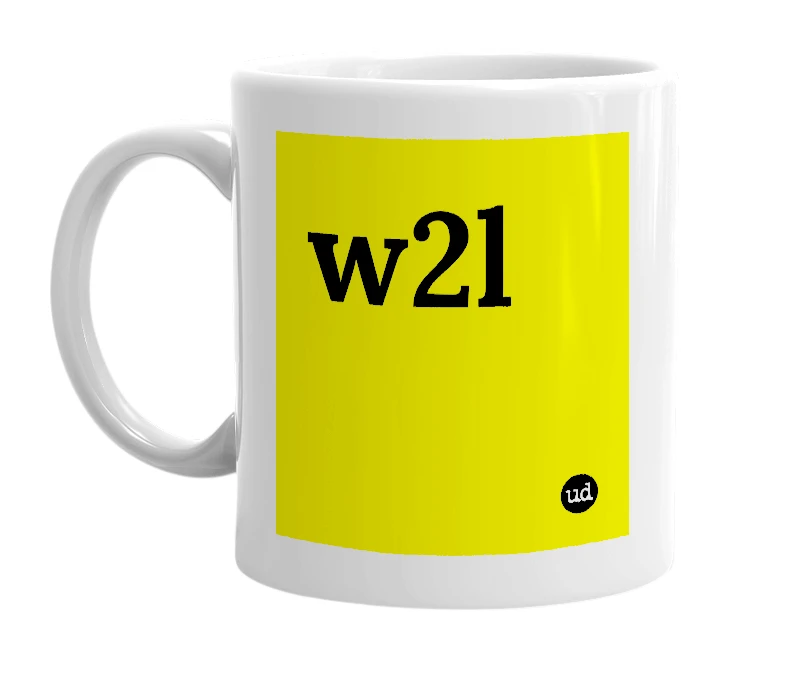 White mug with 'w2l' in bold black letters