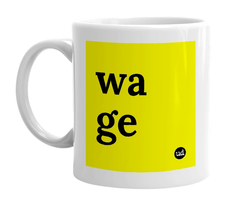 White mug with 'wa ge' in bold black letters