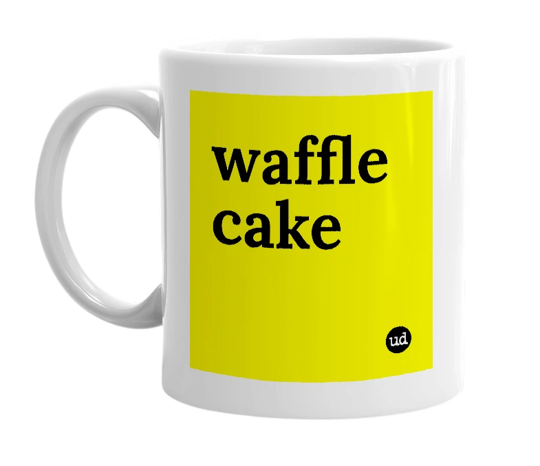 White mug with 'waffle cake' in bold black letters