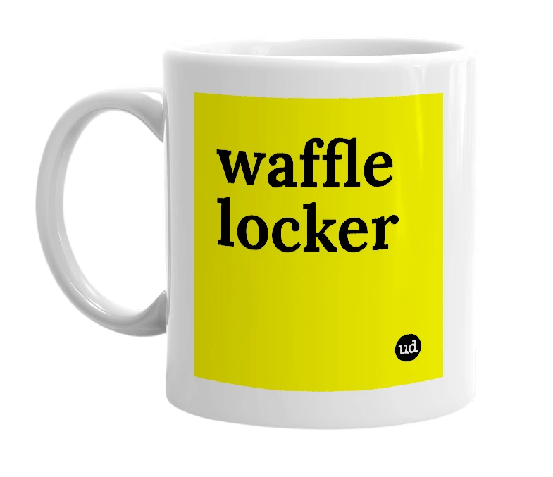 White mug with 'waffle locker' in bold black letters