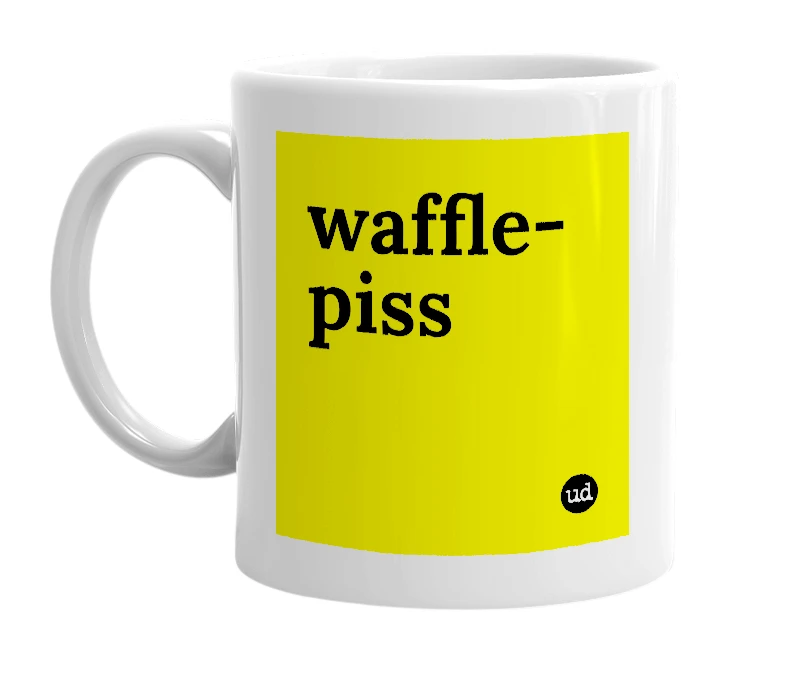 White mug with 'waffle-piss' in bold black letters