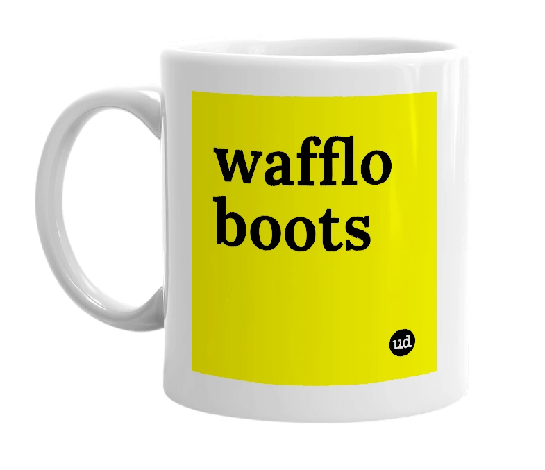 White mug with 'wafflo boots' in bold black letters