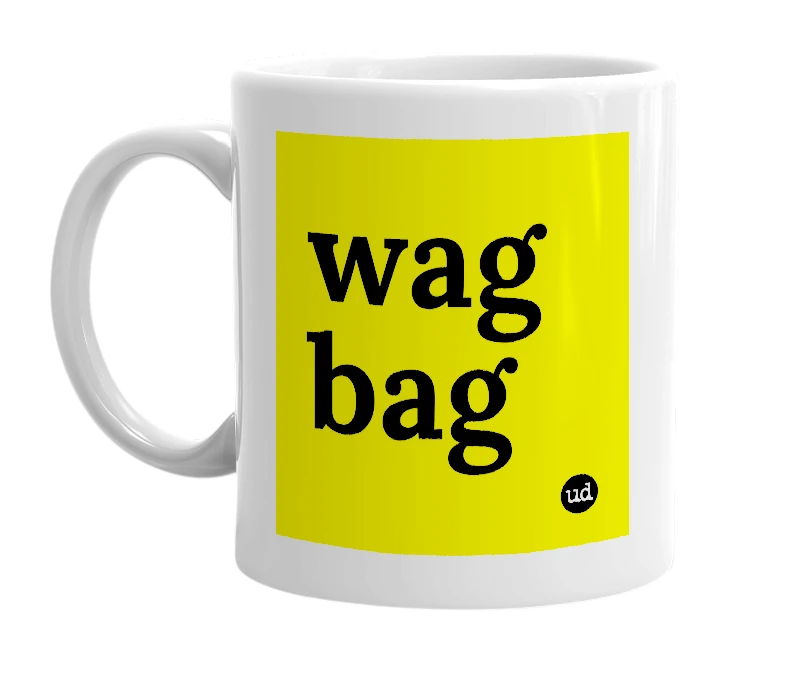 White mug with 'wag bag' in bold black letters