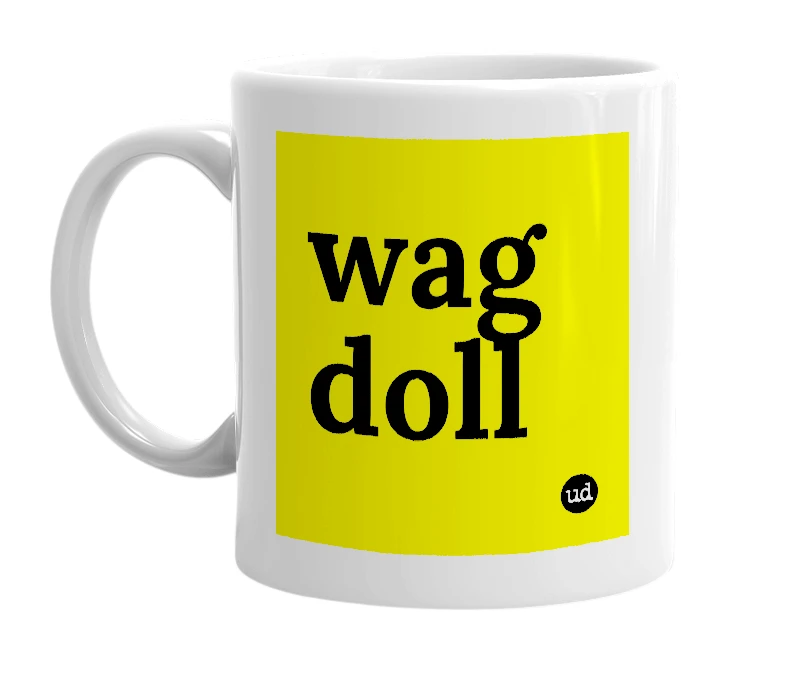 White mug with 'wag doll' in bold black letters