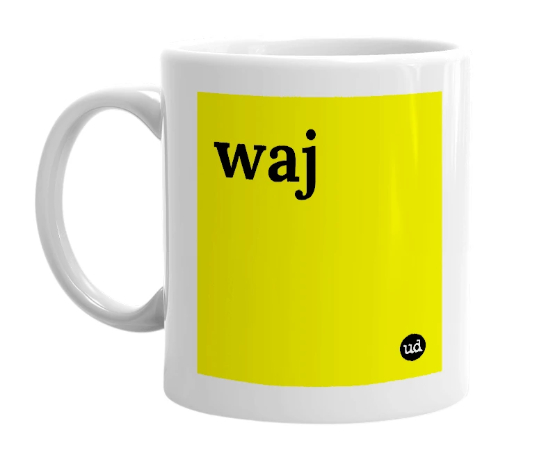 White mug with 'waj' in bold black letters