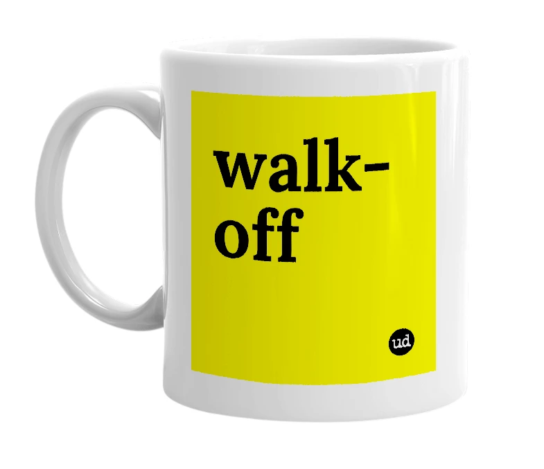 White mug with 'walk-off' in bold black letters