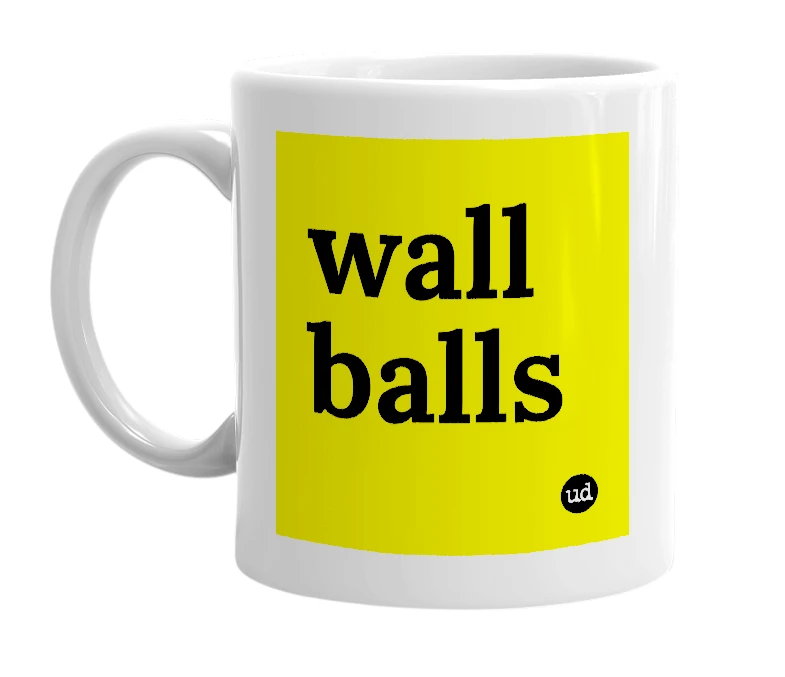 White mug with 'wall balls' in bold black letters