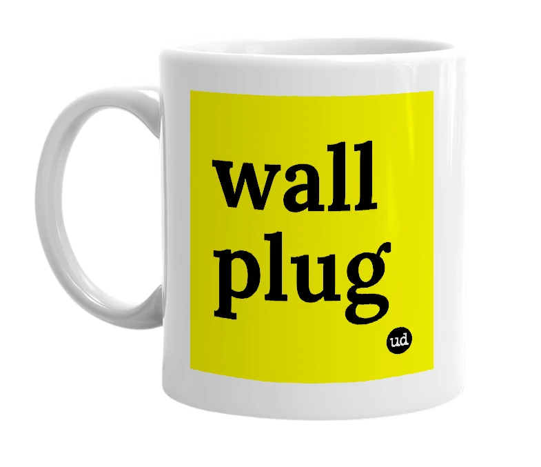 White mug with 'wall plug' in bold black letters