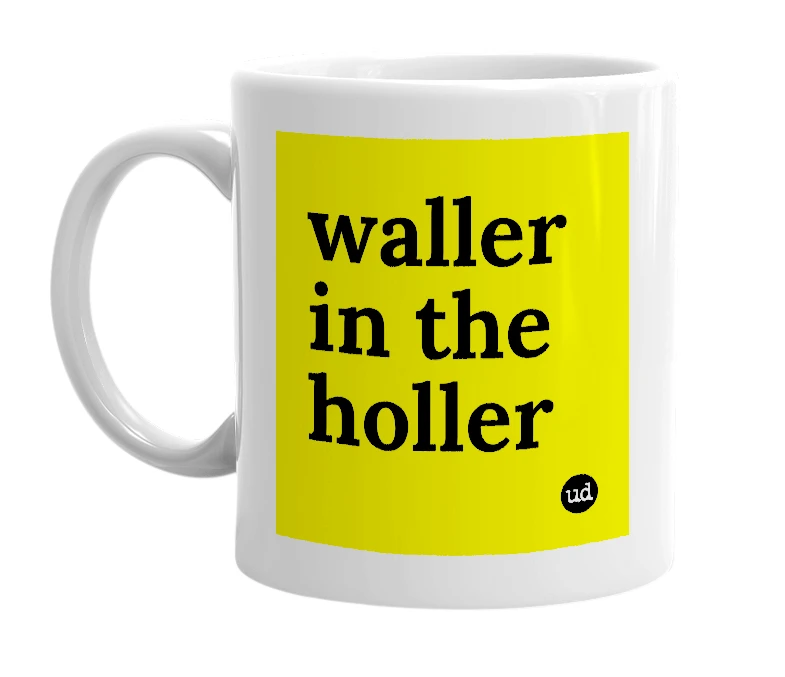 White mug with 'waller in the holler' in bold black letters