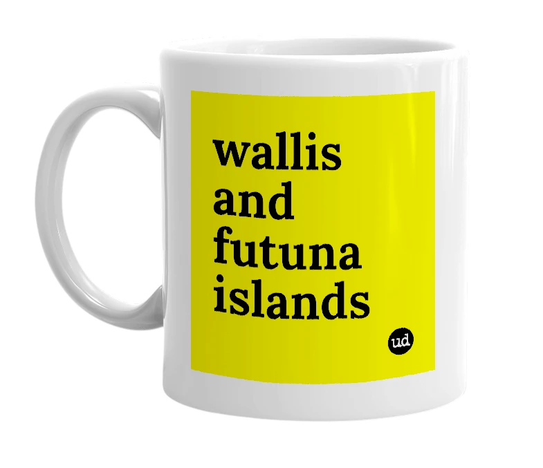 White mug with 'wallis and futuna islands' in bold black letters