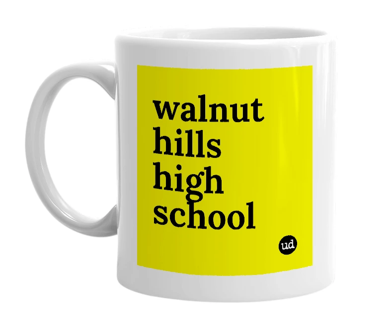 White mug with 'walnut hills high school' in bold black letters