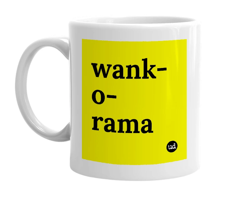 White mug with 'wank-o-rama' in bold black letters