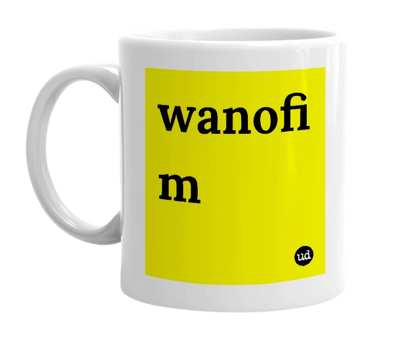 White mug with 'wanofi m' in bold black letters