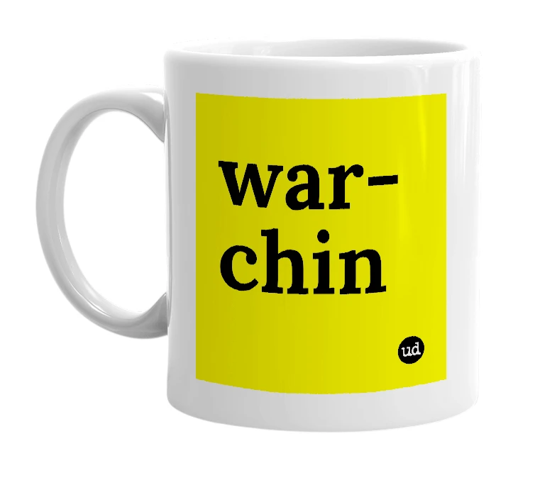 White mug with 'war-chin' in bold black letters