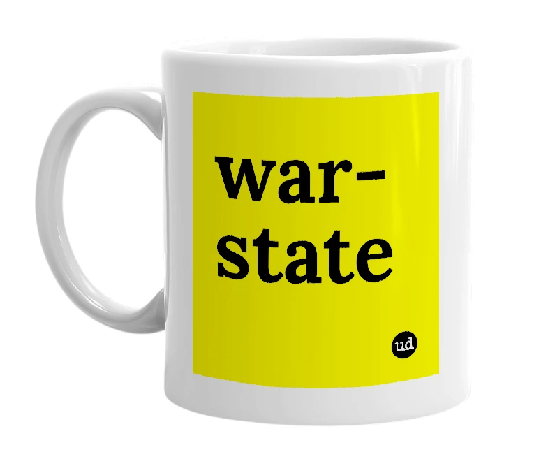 White mug with 'war-state' in bold black letters