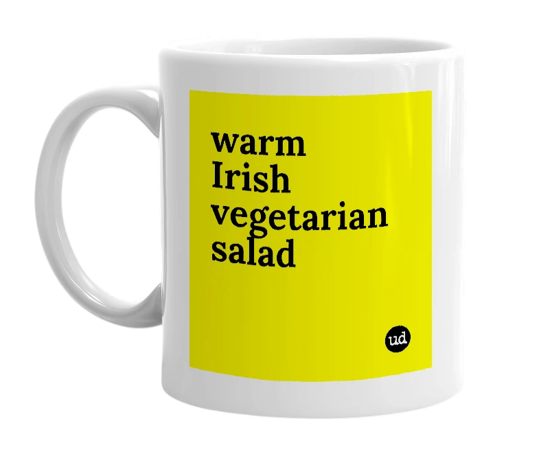 White mug with 'warm Irish vegetarian salad' in bold black letters