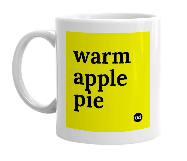 White mug with 'warm apple pie' in bold black letters