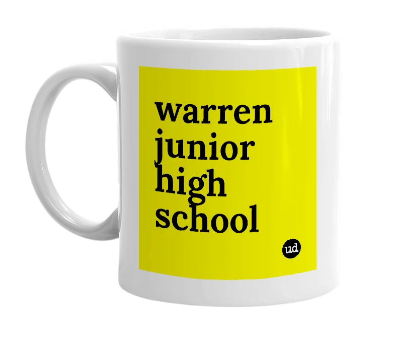 White mug with 'warren junior high school' in bold black letters