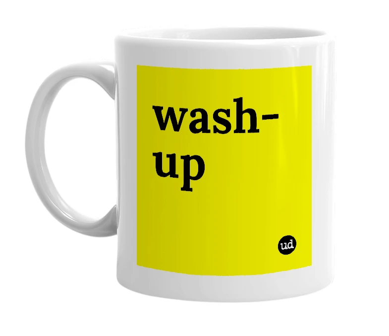 White mug with 'wash-up' in bold black letters