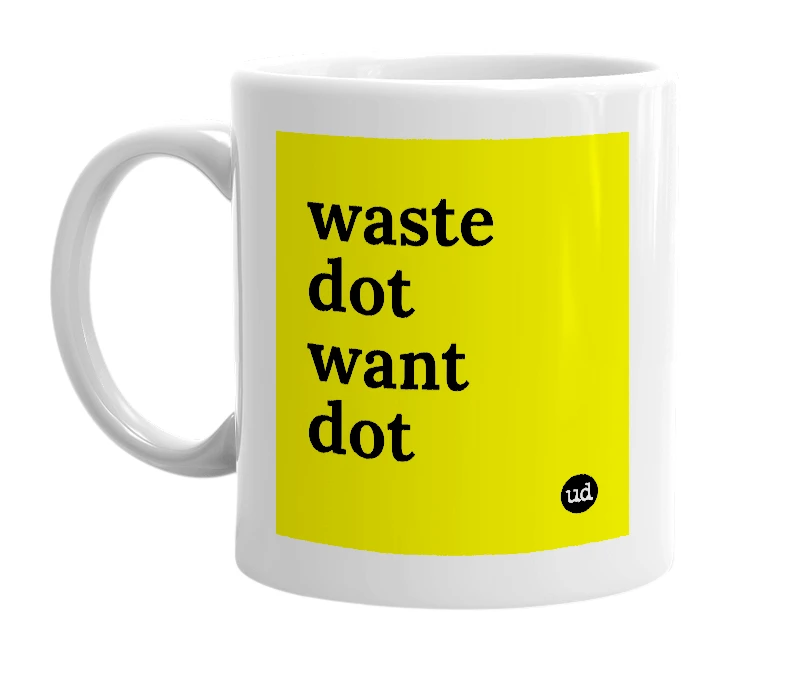 White mug with 'waste dot want dot' in bold black letters