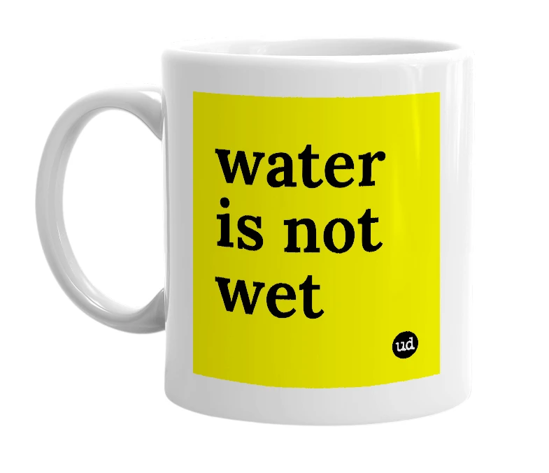 White mug with 'water is not wet' in bold black letters