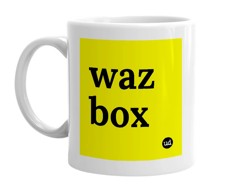 White mug with 'waz box' in bold black letters