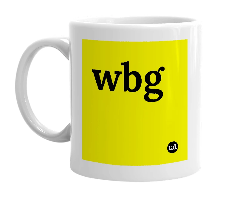 White mug with 'wbg' in bold black letters