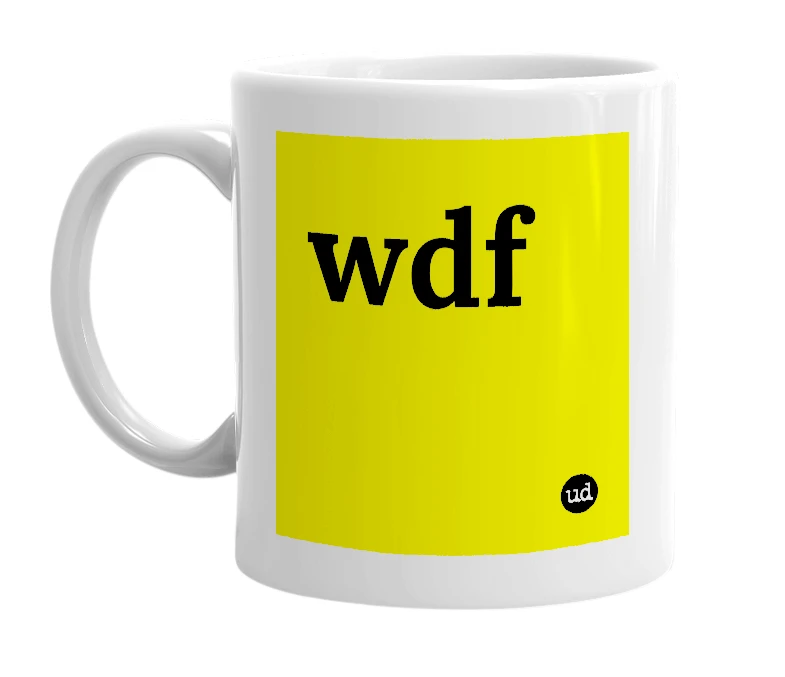 White mug with 'wdf' in bold black letters