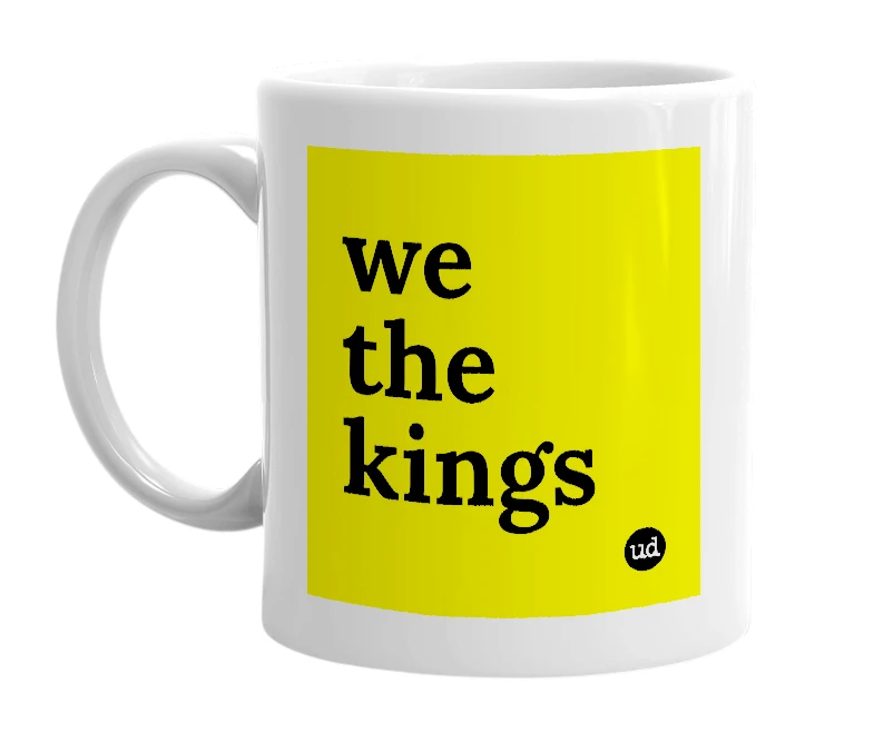 White mug with 'we the kings' in bold black letters