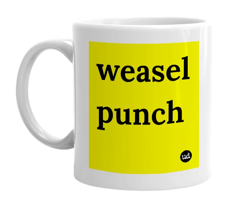 White mug with 'weasel punch' in bold black letters
