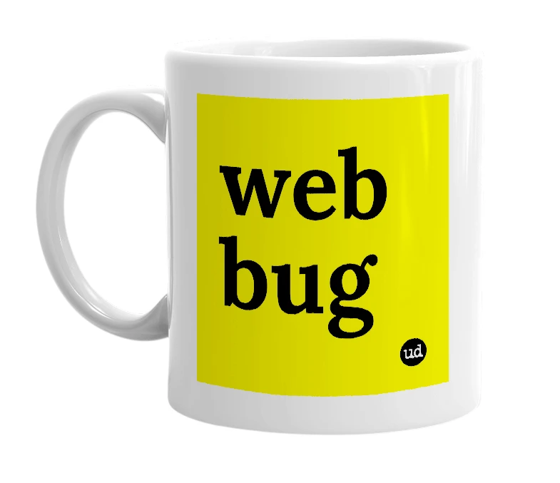 White mug with 'web bug' in bold black letters