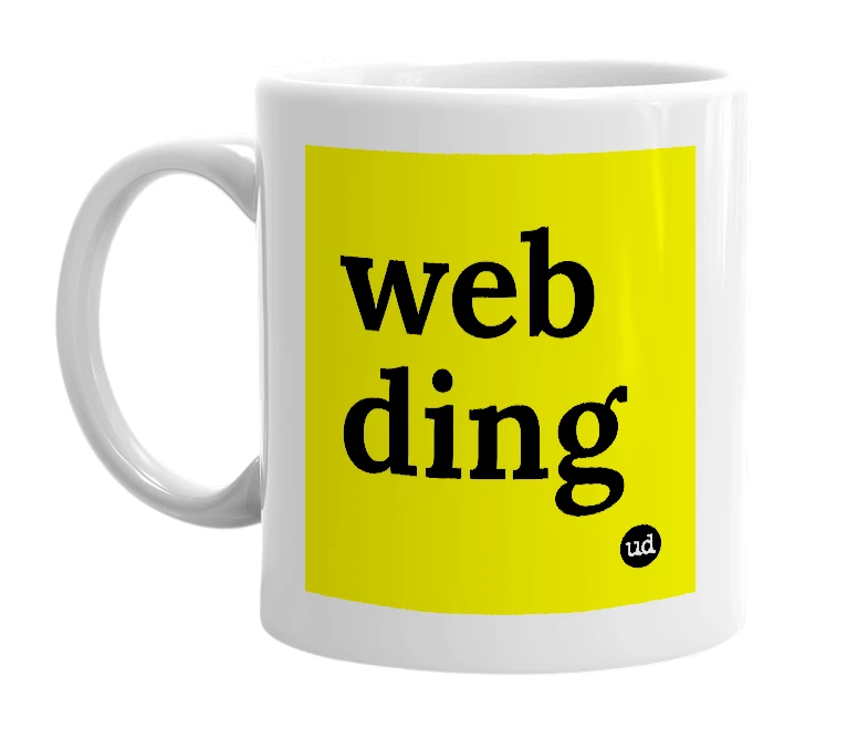 White mug with 'web ding' in bold black letters