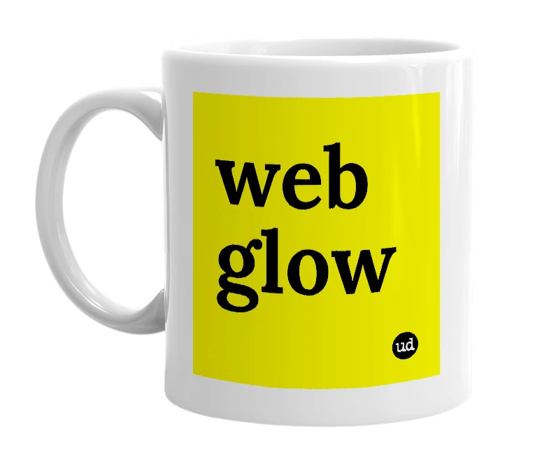 White mug with 'web glow' in bold black letters