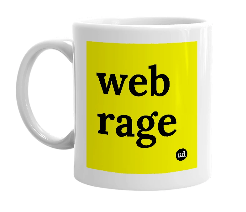 White mug with 'web rage' in bold black letters