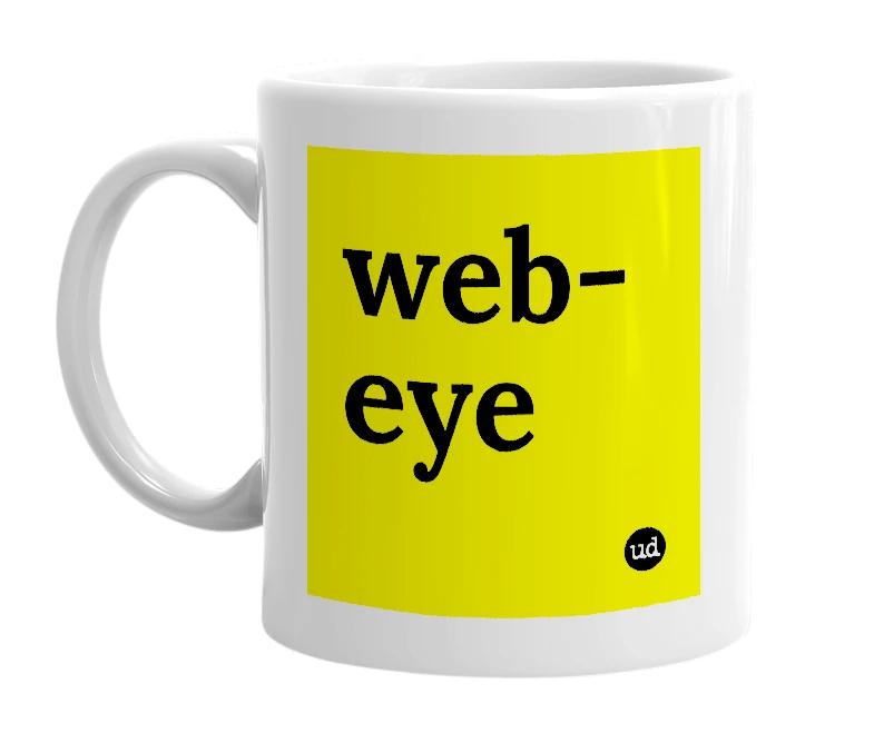 White mug with 'web-eye' in bold black letters