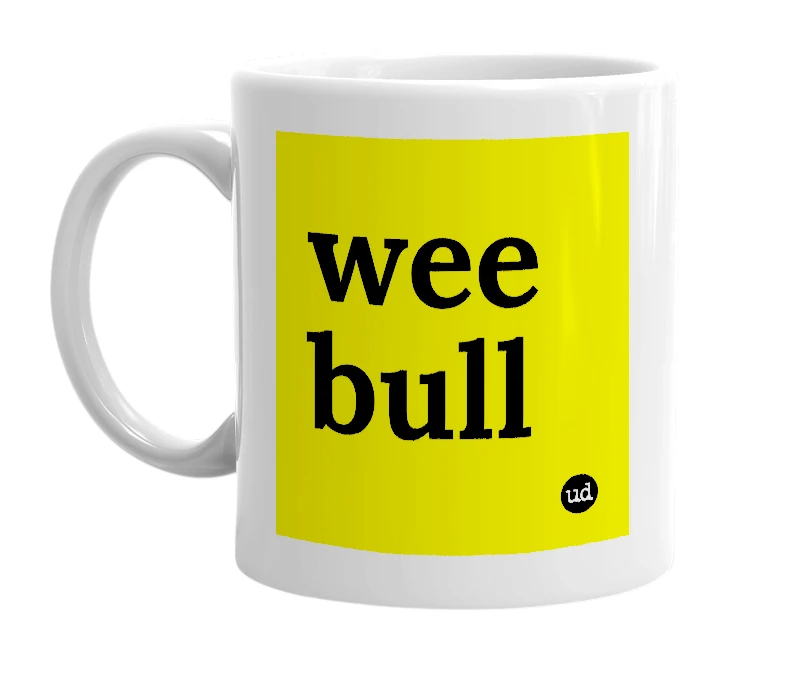 White mug with 'wee bull' in bold black letters