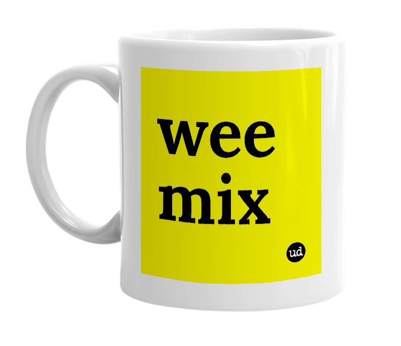 White mug with 'wee mix' in bold black letters