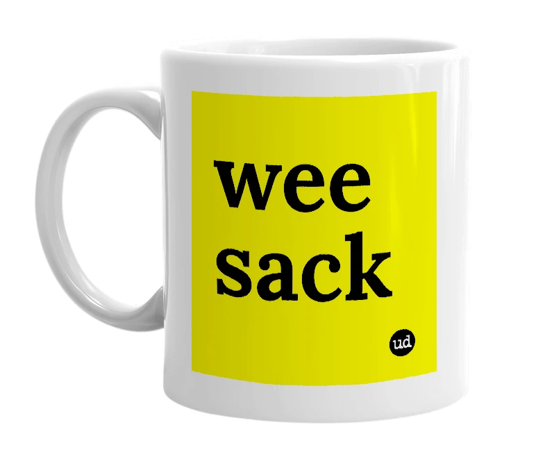 White mug with 'wee sack' in bold black letters