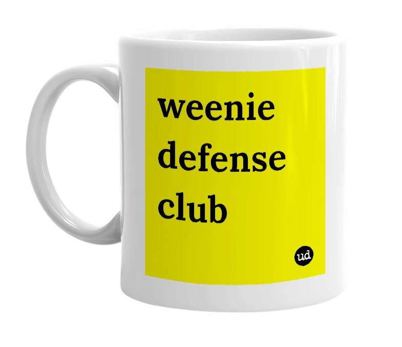 White mug with 'weenie defense club' in bold black letters