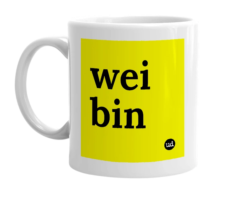 White mug with 'wei bin' in bold black letters