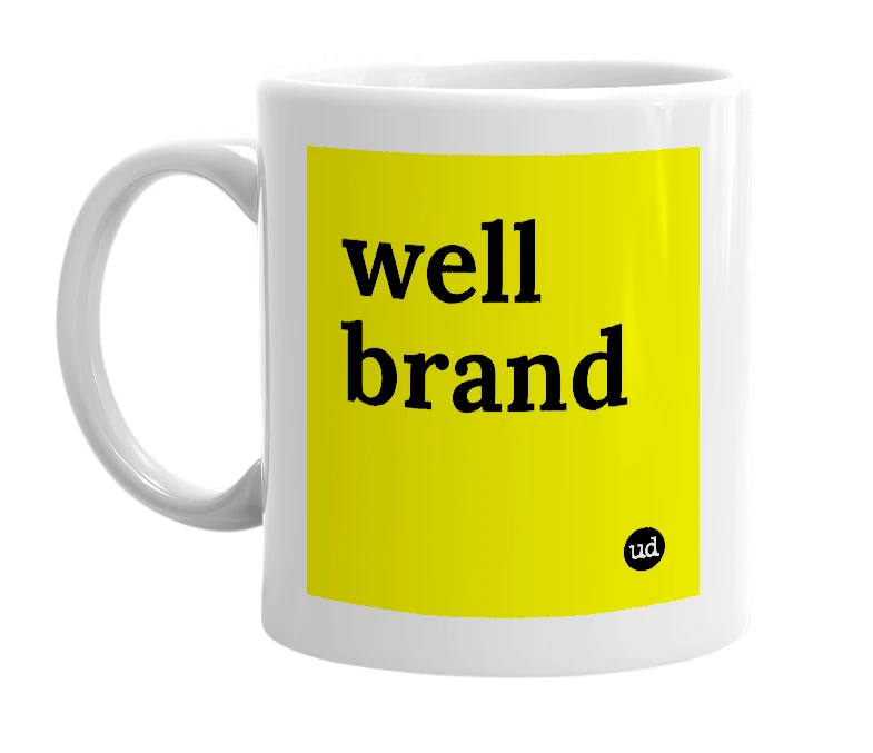 White mug with 'well brand' in bold black letters