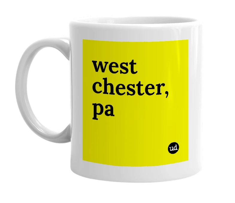 White mug with 'west chester, pa' in bold black letters