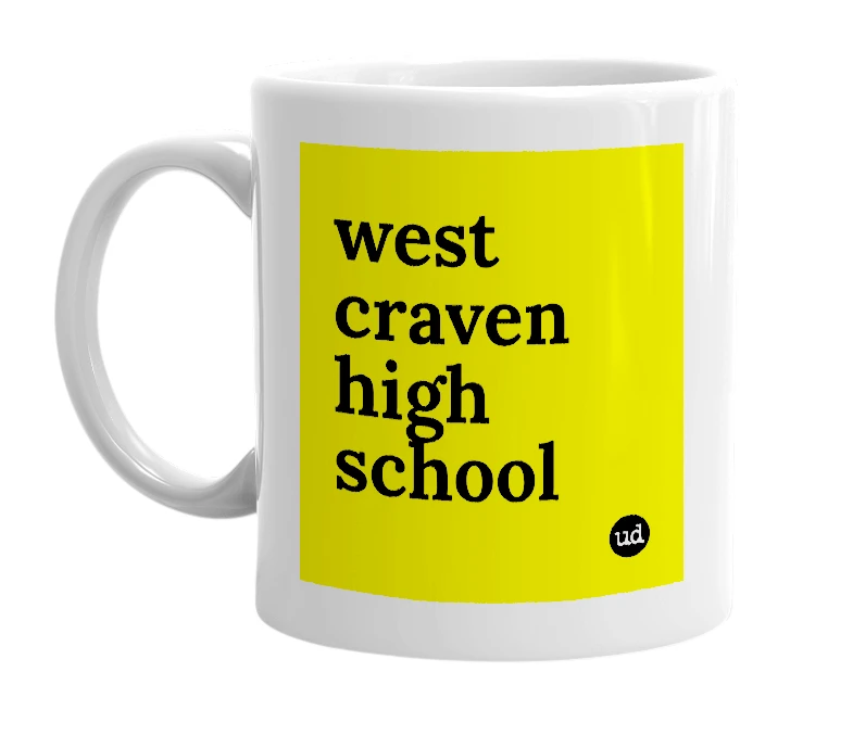 White mug with 'west craven high school' in bold black letters