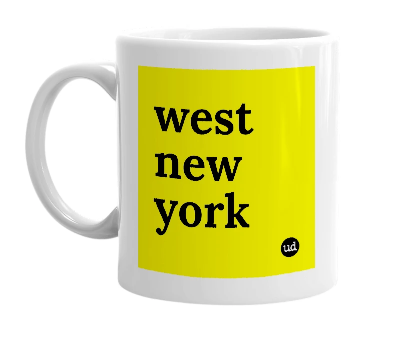 White mug with 'west new york' in bold black letters
