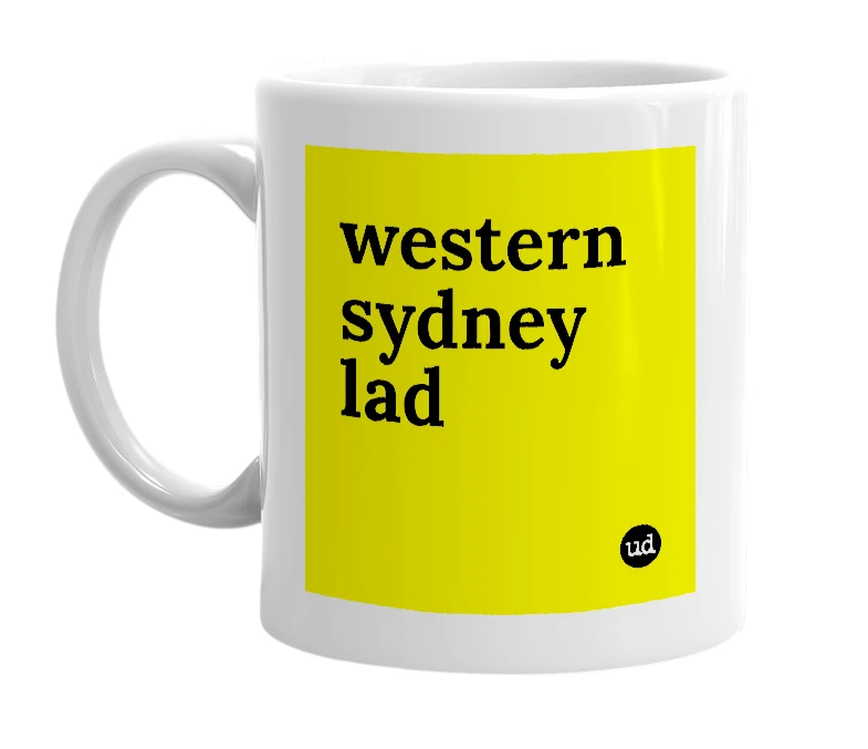 White mug with 'western sydney lad' in bold black letters