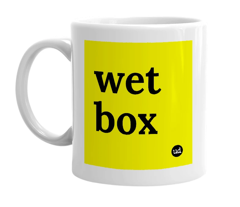 White mug with 'wet box' in bold black letters